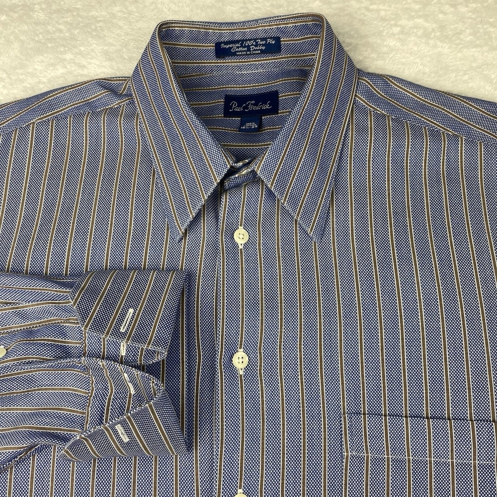 Paul Fredrick Dress Shirt Men's 16.5-34 Blue w/Brown Stripes French Cuffs‎